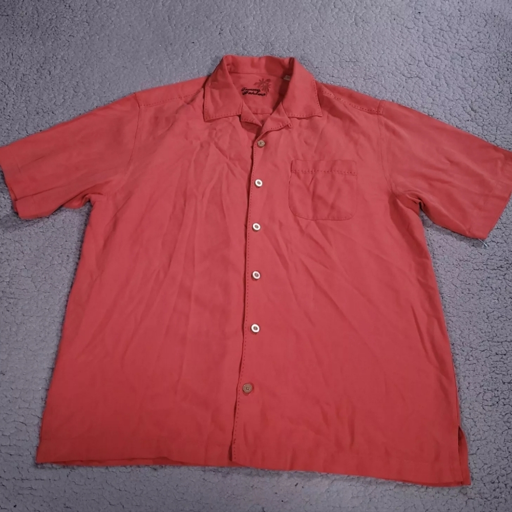 Tommy Bahama Shirt Mens Small Silk Orange Red Outdoor Hawaiian Camp Button Up